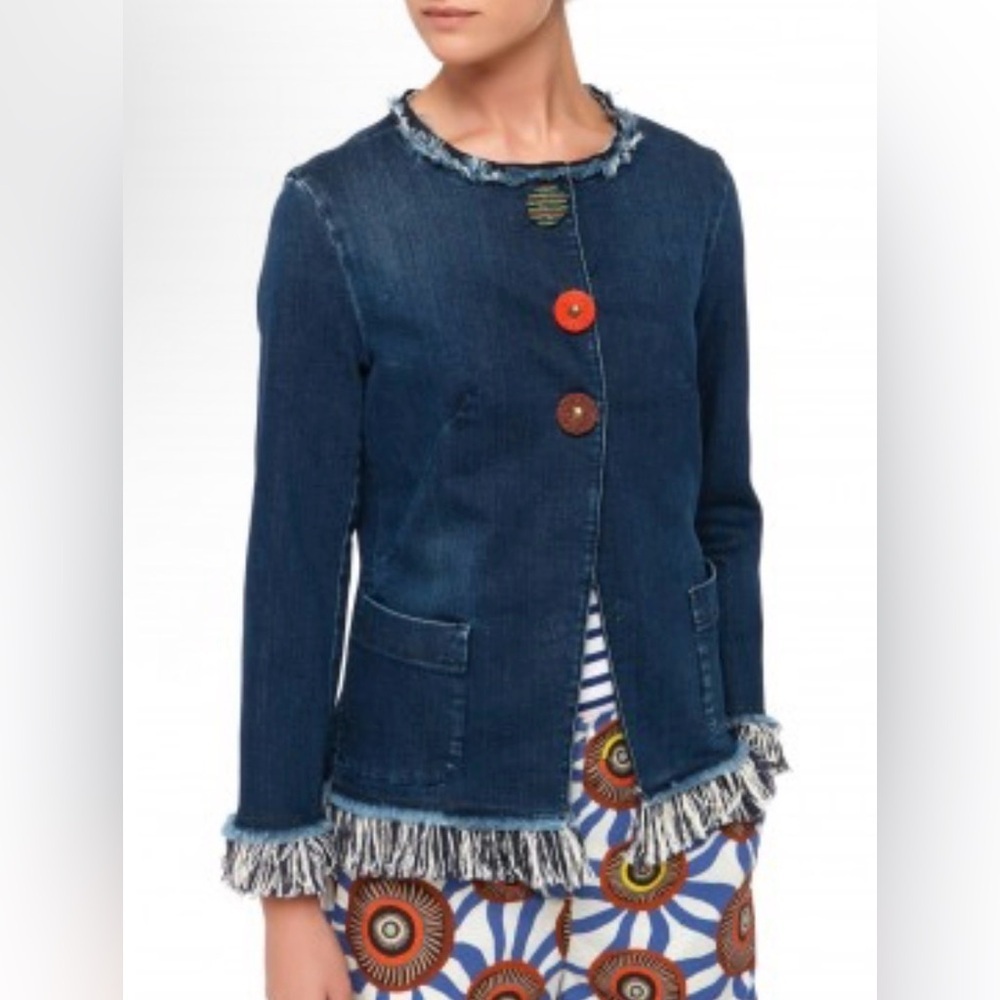 Maliparmi Cotton Denim Jacket with Beaded Snap Buttons. Size 40 or US 4